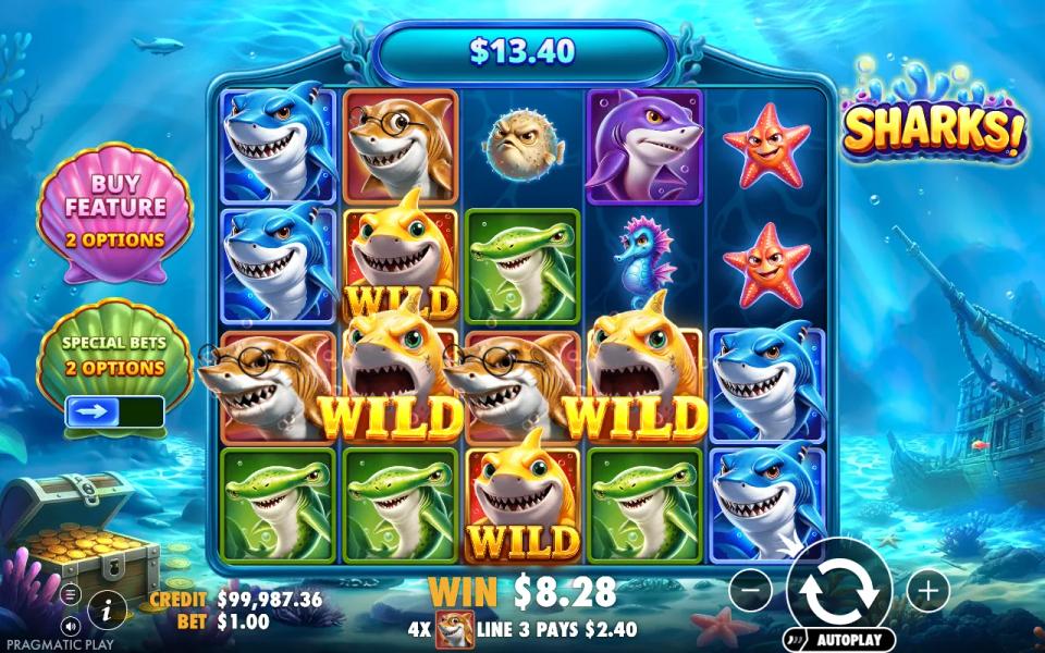 Sharks! slot 5x4 board with yellow shark wilds across reels 2 to 4 among blue, orange and green sharks, a 13.40 win on a 1.00 bet