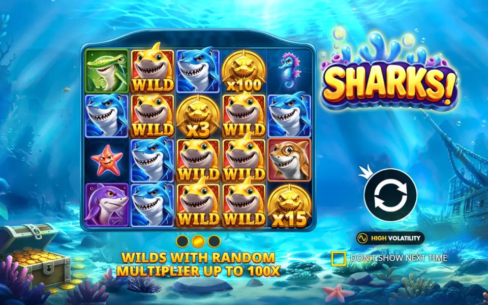 Sharks! intro screen showing wilds and gold shark multiplier coins of x100, x15 and x3 on an underwater board