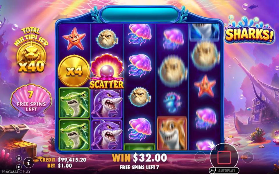 Sharks! free spin with an x4 gold multiplier coin on reel 1, no winning line, and the total multiplier still at x40