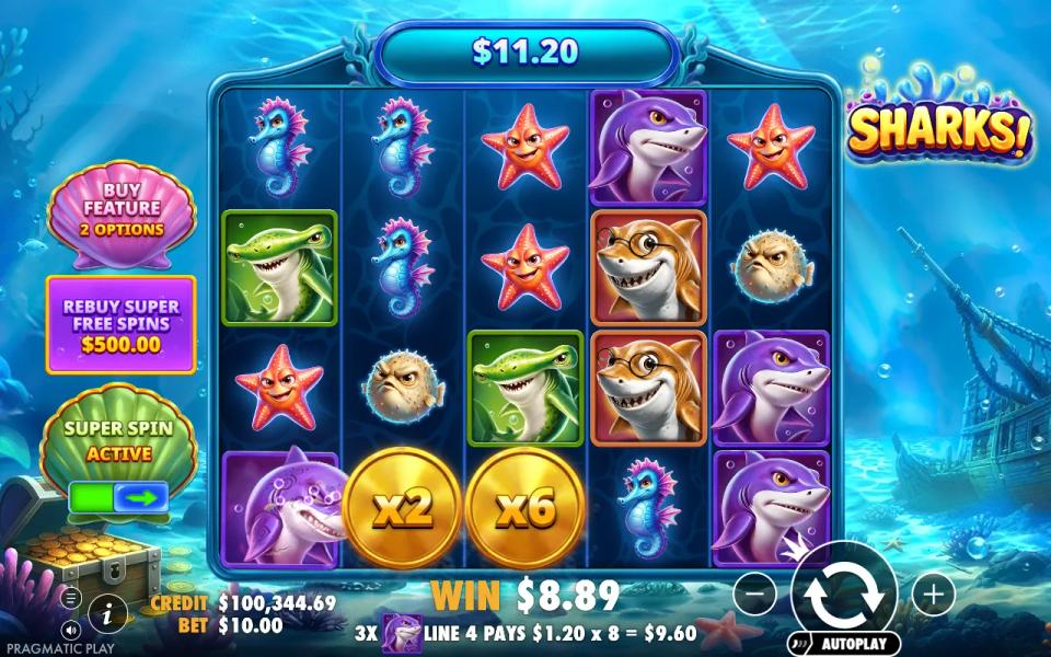 Sharks! Super Spin mode active at a 10.00 bet with x2 and x6 multiplier coins on the bottom row and a purple shark line win