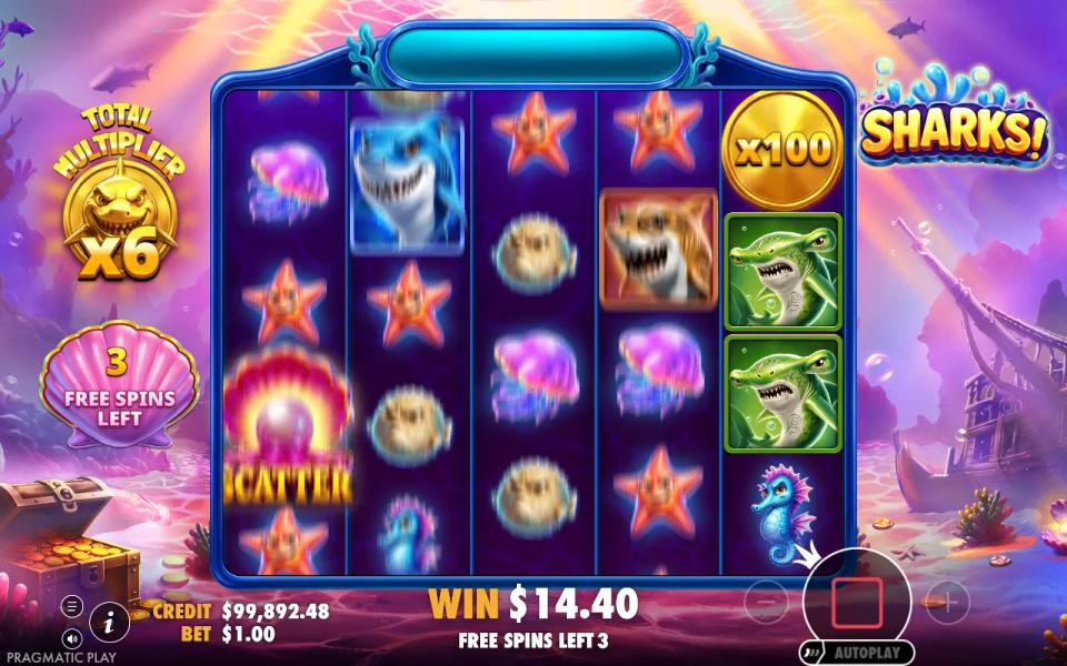 Sharks! free spin with an x100 gold multiplier coin on reel 5 and no winning line, total multiplier unchanged at x6