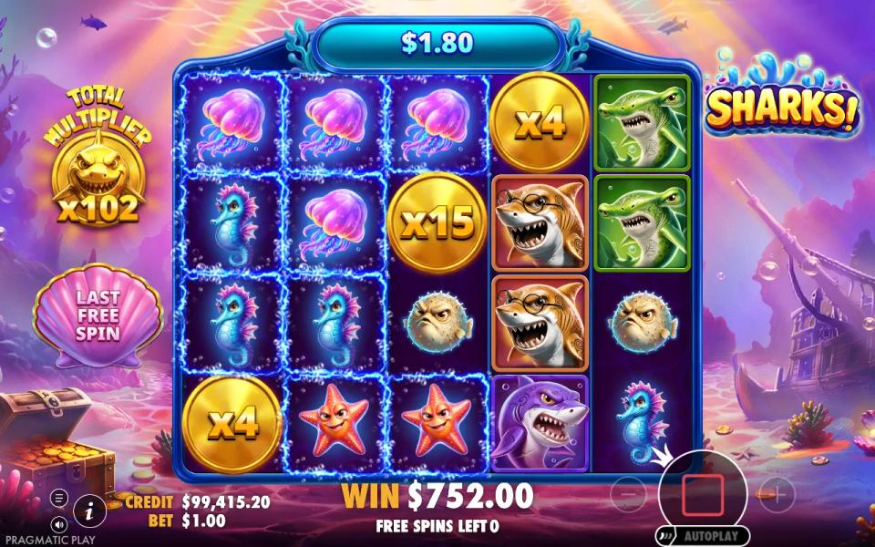 Sharks! last Super Free Spin with x4, x15 and x4 coins and the total multiplier at x102
