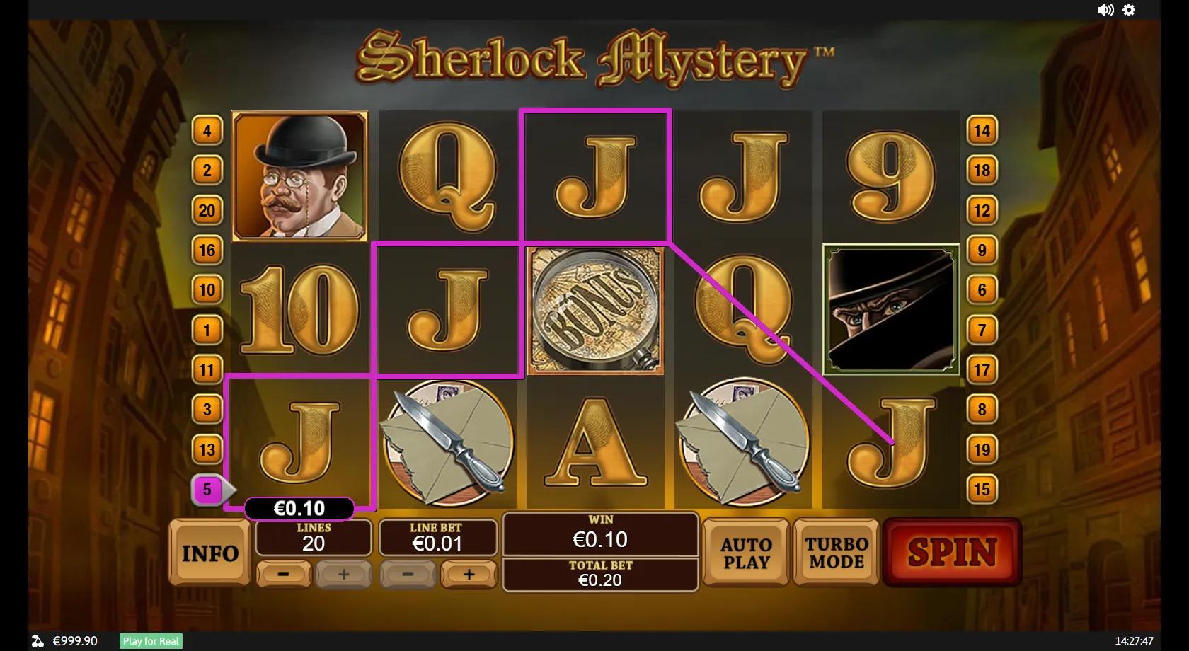 Sherlock Mystery slot: 5x3 Victorian London grid with Holmes, Watson, the criminal wild and the magnifying-glass bonus