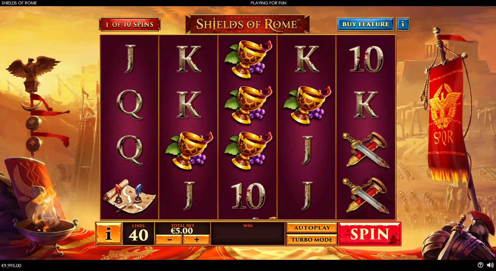 Shields of Rome slot: 5x4 Roman battlefield grid with the legionary, SPQR eagle wild, helmet, gladius and catapult bonus