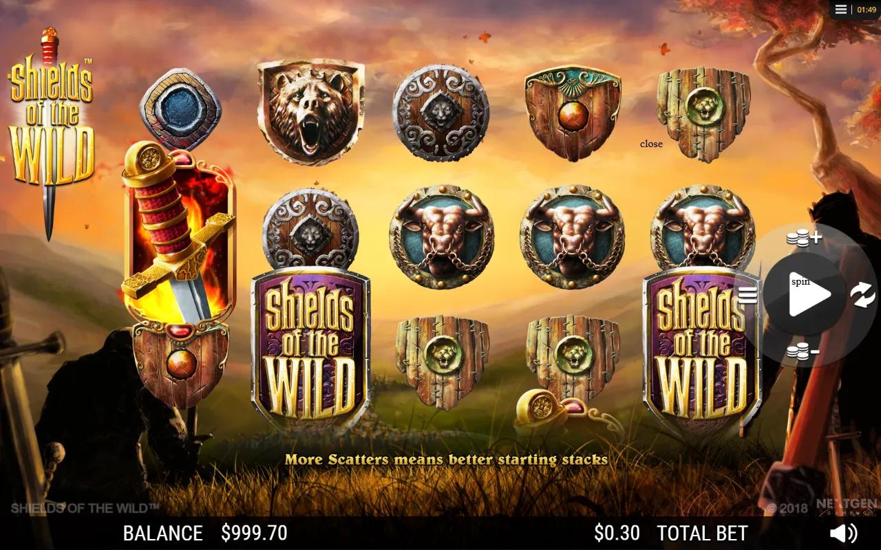 Shields of the Wild slot gameplay showing 5x3 reels with two stacked Wild Shields on reels 4 and 5