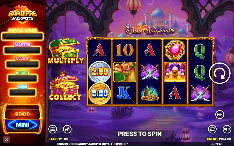 Shimmering Sands 5x3 reels in the base game with a ruby gem on reel 4, two cash coins worth 2.00 and 8.00 on reel 1, and the Multiply and Collect chests beside the grid