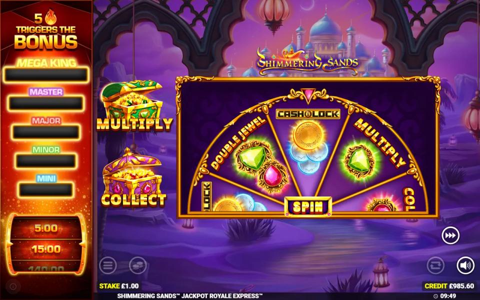 The Shimmering Sands wheel with Double Jewel, Cash Lock, Multiply and Collect segments waiting for a press on Spin