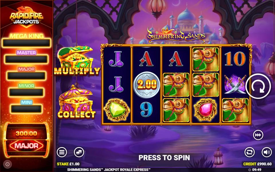 An emerald gem on reel 1 and a ruby gem on reel 4 landing on the same Shimmering Sands spin with no bonus spins following