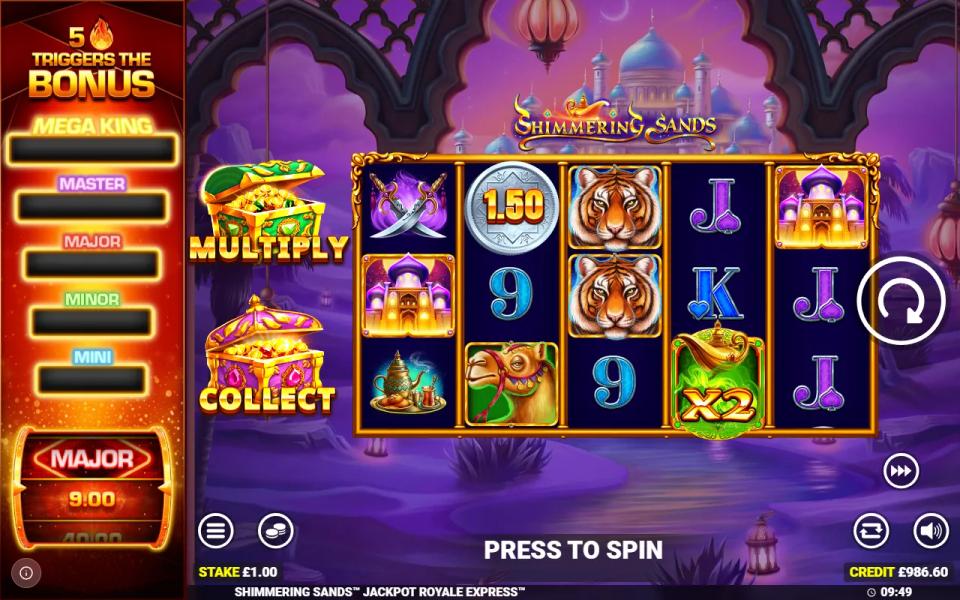 A green lamp wild with an x2 multiplier on reel 4 of Shimmering Sands with no winning way on the board