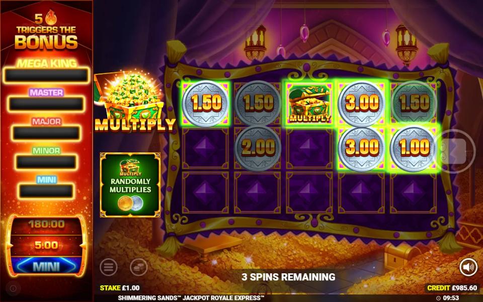 Emerald Cash Lock in Shimmering Sands with a Multiply chest on reel 3 linked by green frames to the locked coins it multiplies, three spins remaining