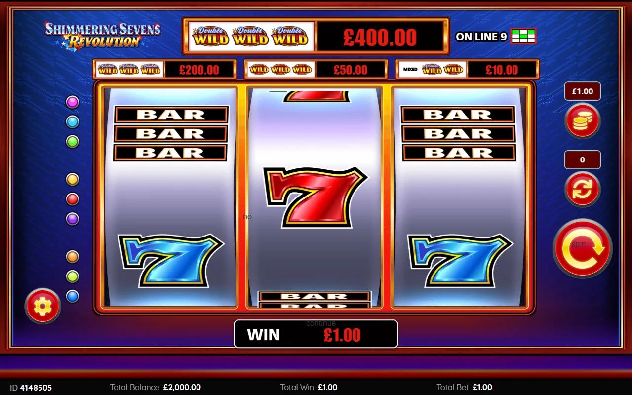 Shimmering Sevens Revolution slot gameplay showing 3x3 grid with Red 7, Blue 7 and BAR symbols under the four-tier jackpot meter