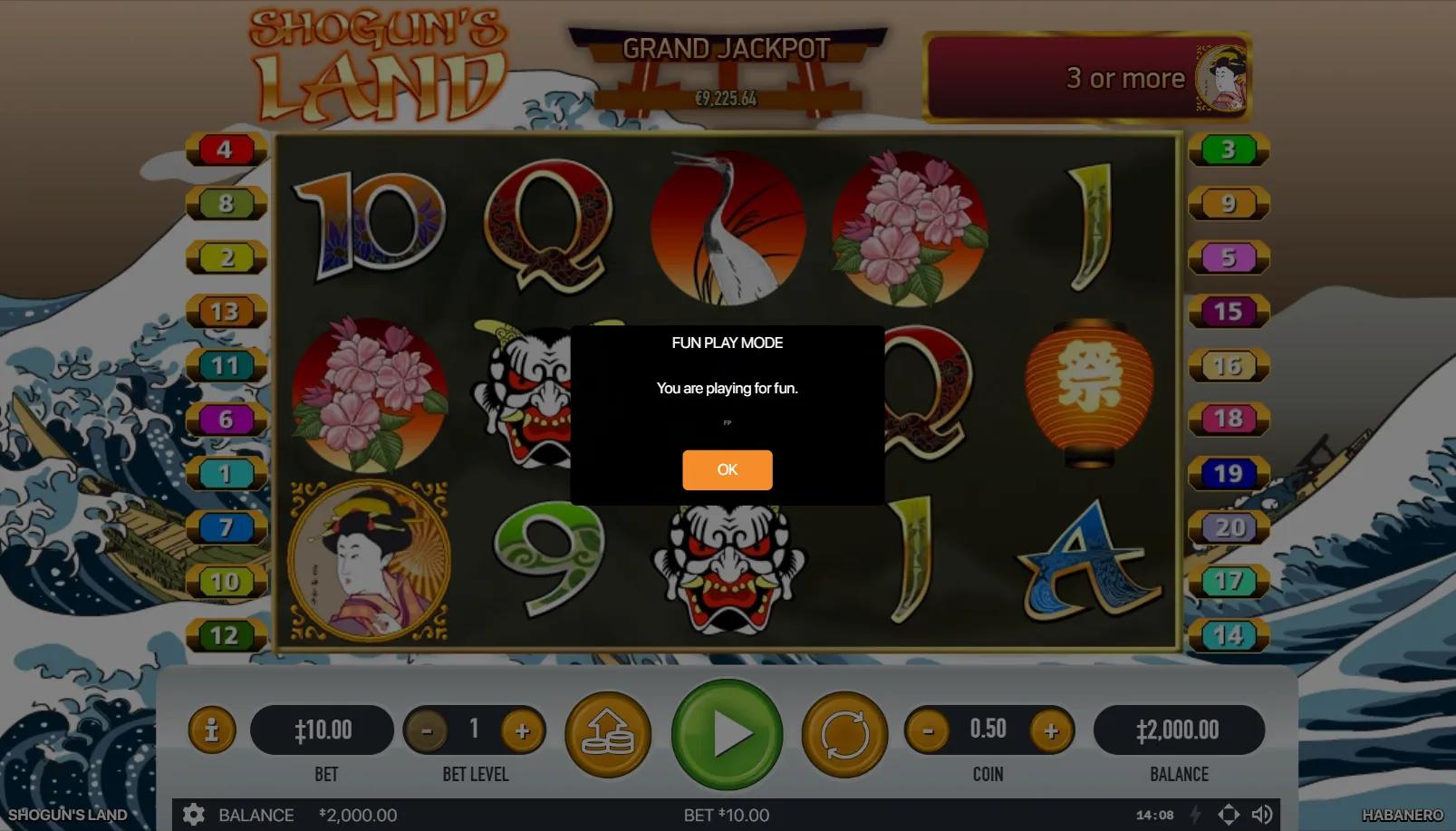 Shogun's Land slot showing 5x3 grid with Hokusai-wave cabinet border, oni mask, geisha medallion, white heron in red sun disc