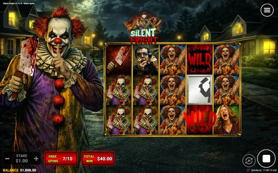 Silent Fright free spins on a 5x3 grid of horror symbols, with two locked Wilds on the fourth reel and a third Wild landing between them