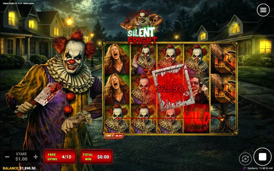 A locked Wild on the fourth reel of Silent Fright completing a line of three clowns during free spins