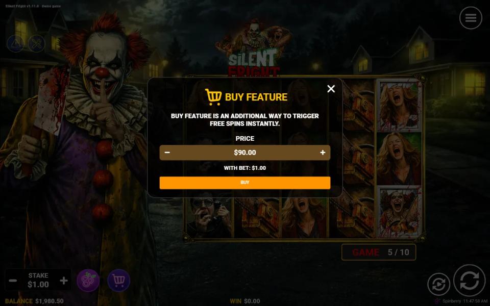 Silent Fright Buy Feature window offering free spins for 90 times the bet