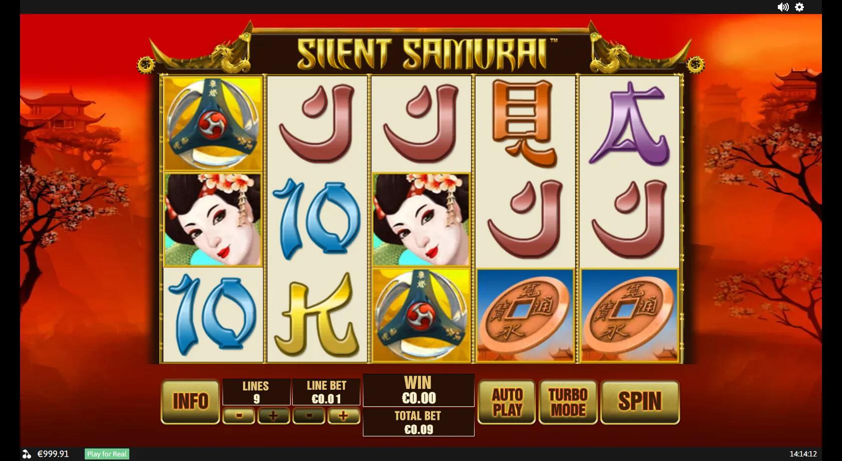 Silent Samurai slot: 5x3 nine-line feudal Japan grid with the golden dragon wild, kabuto helmet, geisha scatter and coin