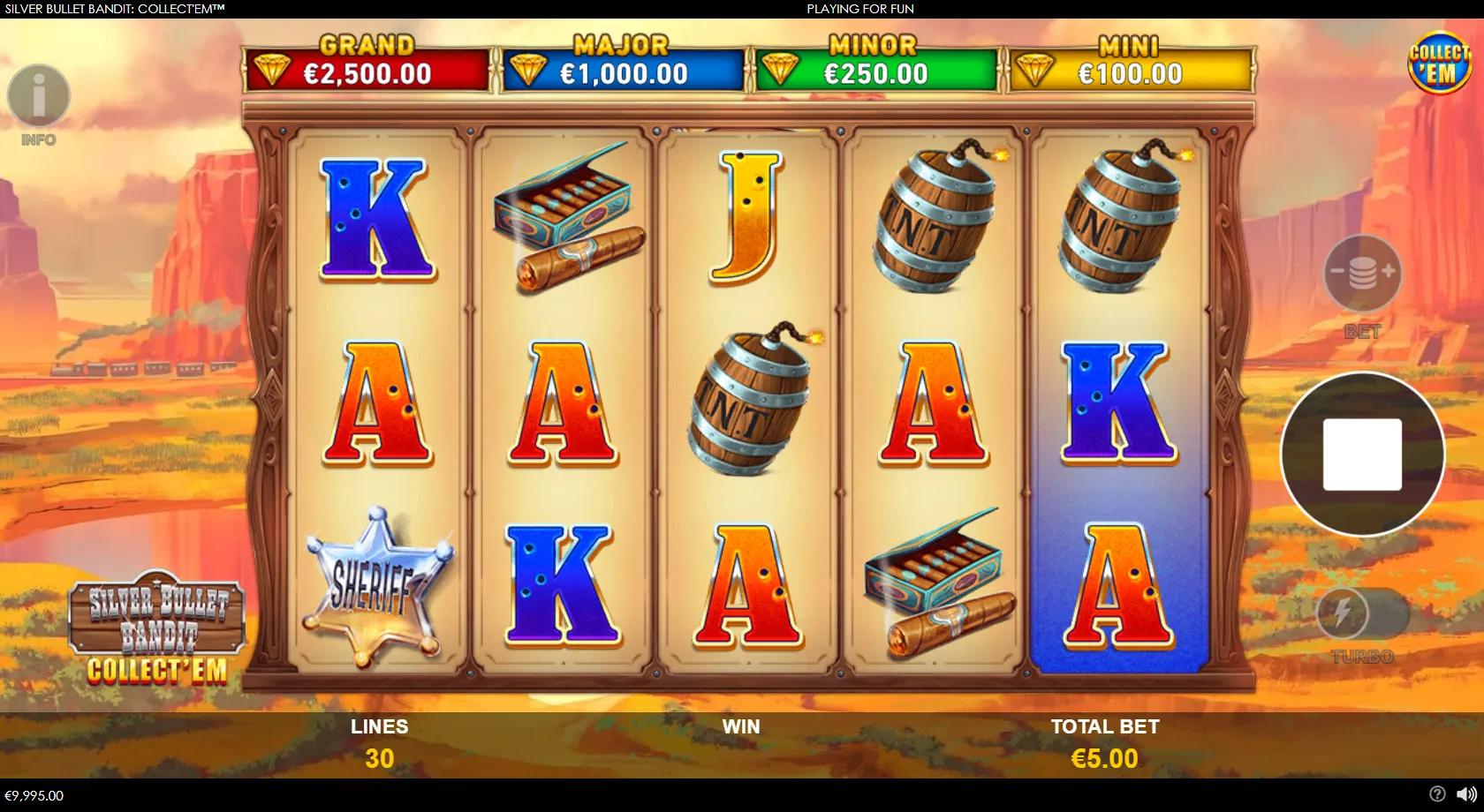 Silver Bullet Bandit Collectem slot gameplay showing 5x3 Wild West grid with bandit Wild, cash coins and four jackpots