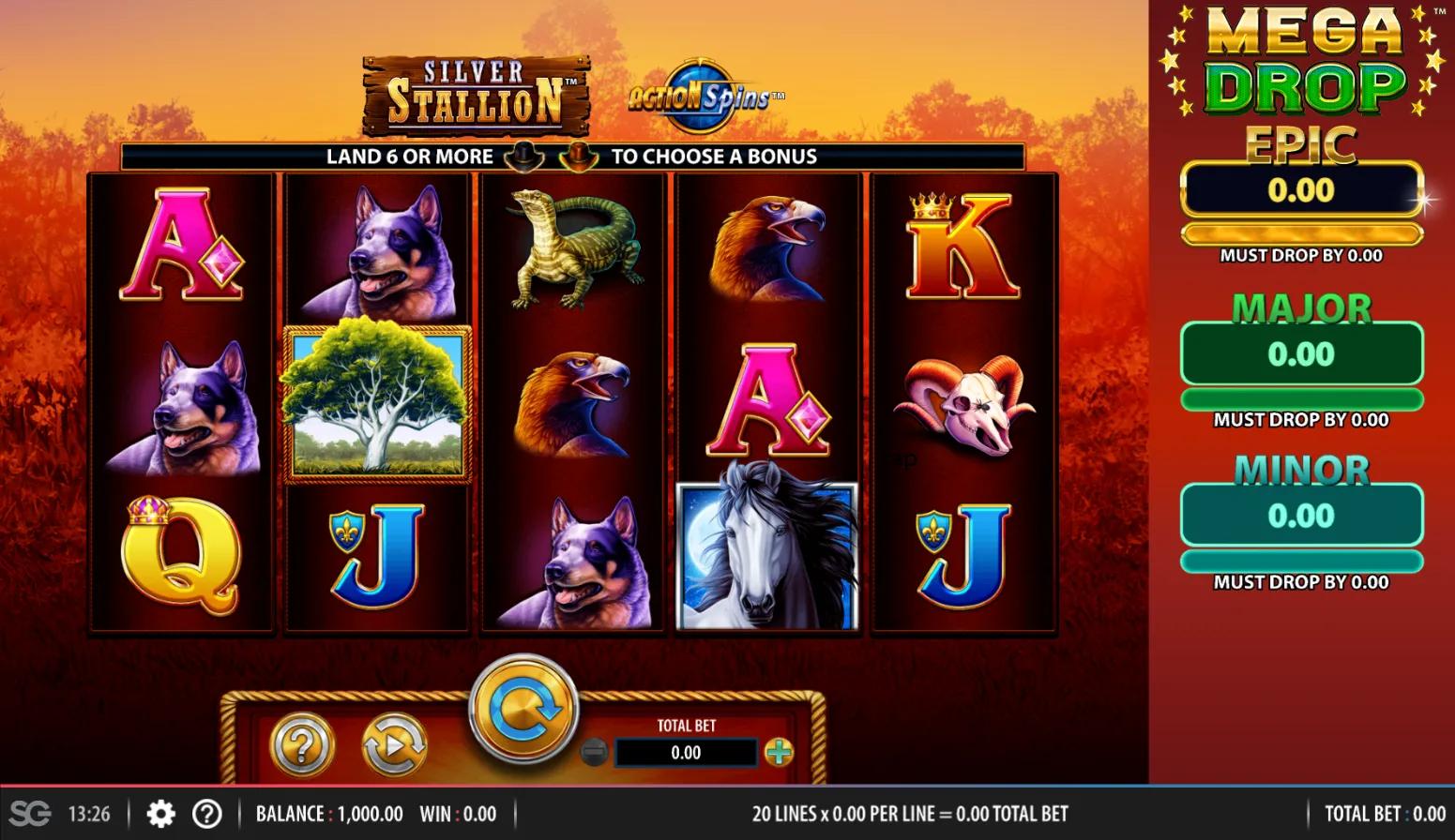 Silver Stallion Action Spins gameplay showing the 5x3 grid with Stallion wild, Tree bonus and Mega Drop jackpot panel