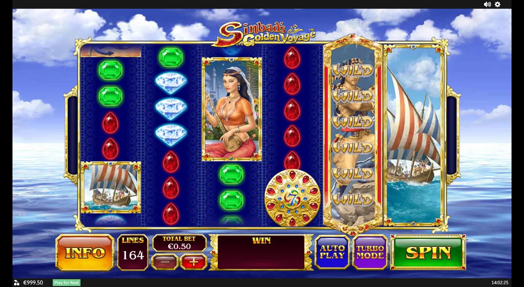 Sinbad's Golden Voyage slot: 6-reel 164-line stacked grid with the expanded Sinbad wild, Scheherazade, ship and jewel symbols
