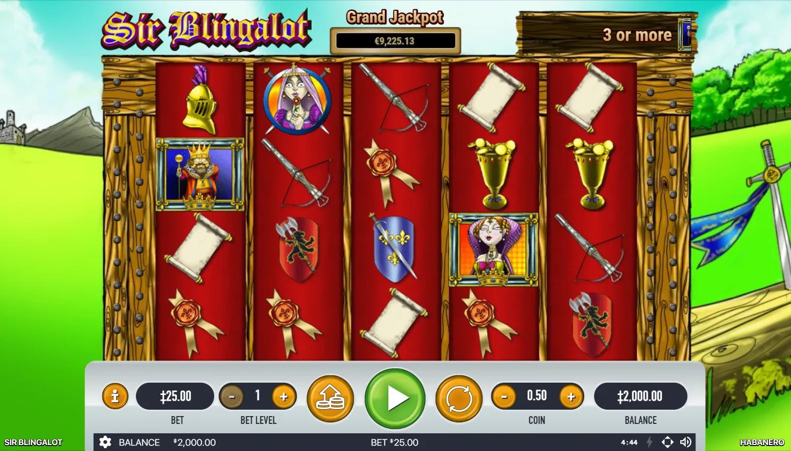 Sir Blingalot slot gameplay showing 5x4 grid with bling-knight, king, knight, sword and shield on medieval backdrop