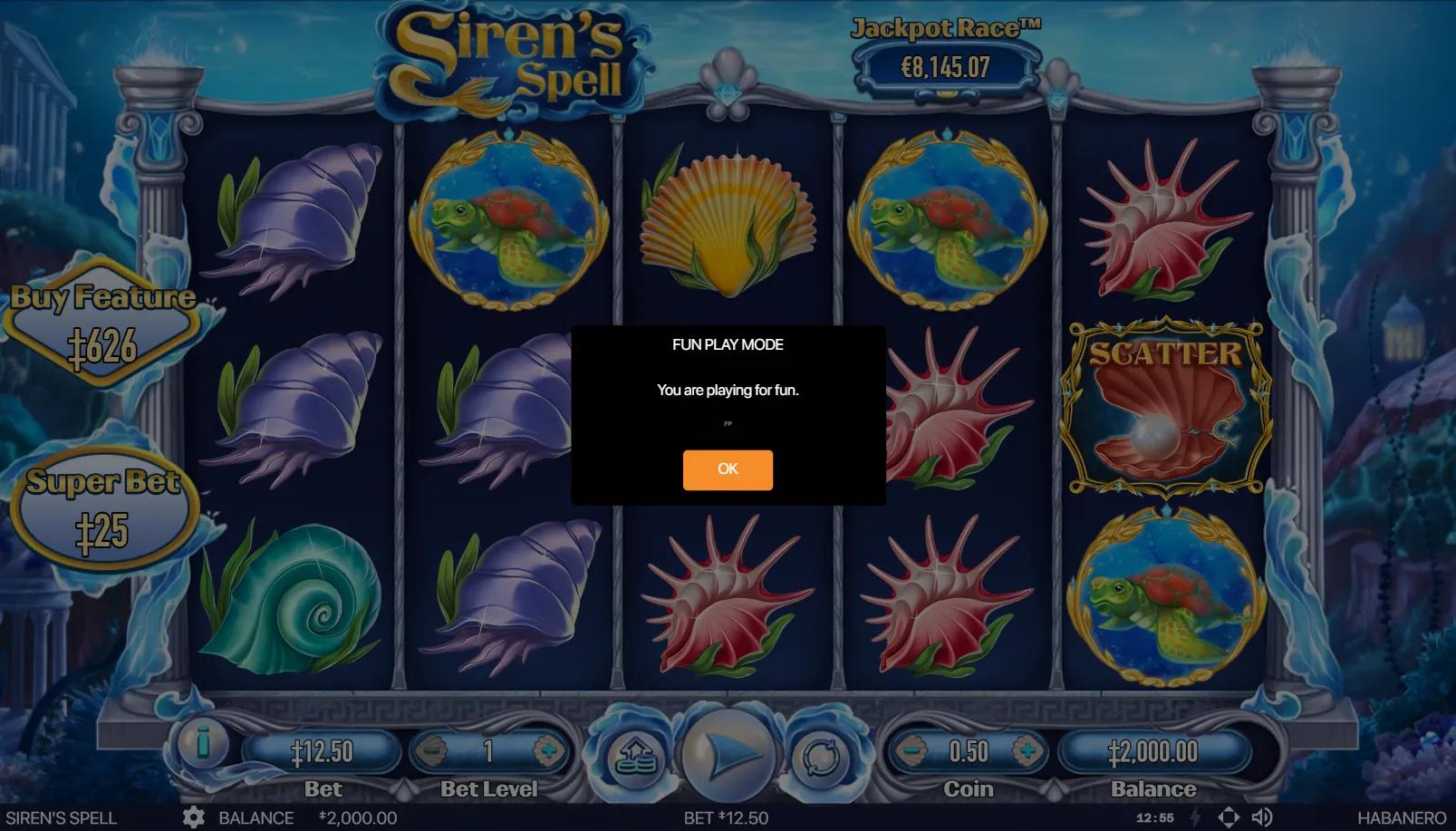 Siren's Spell slot gameplay showing 5x3 grid with seashell symbols, sea turtle medallion and Scatter pearl clam