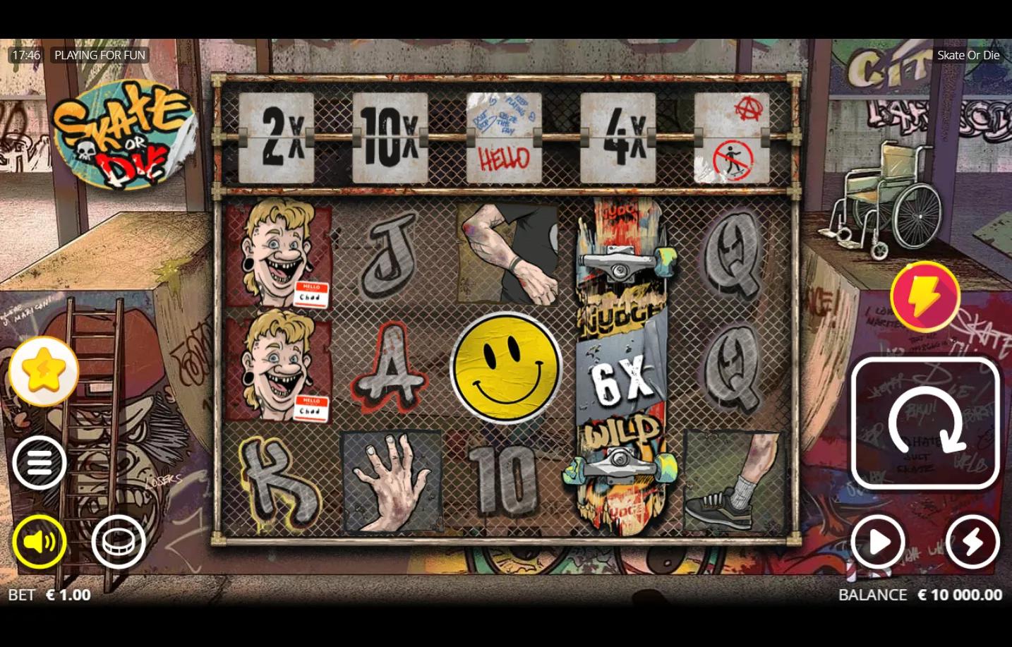 Skate or Die slot gameplay showing 5x3 grid with Extra Sauce Row multipliers and xZone Wild in graffitied skatepark scene