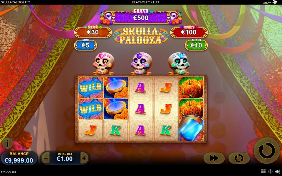Skullapalooza base game: pink, purple and blue sugar skulls on coin piles above a 5x3 board with two wilds on reel 1 and a blue gem on reel 5, five jackpot panels at the top