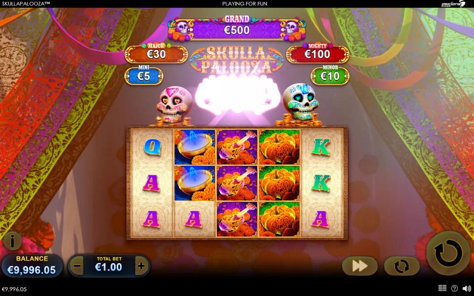 The purple sugar skull bursting in white light above reel 3 on a Skullapalooza board with no line win