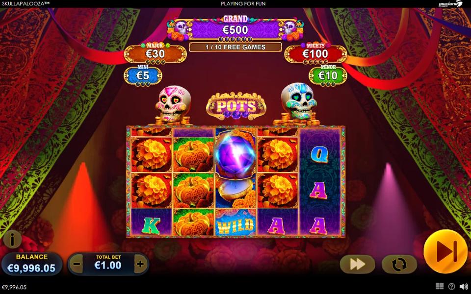 Skullapalooza free game 1 of 10 with the Pots badge, a purple gem landing on reel 3 and pips under the jackpot panels