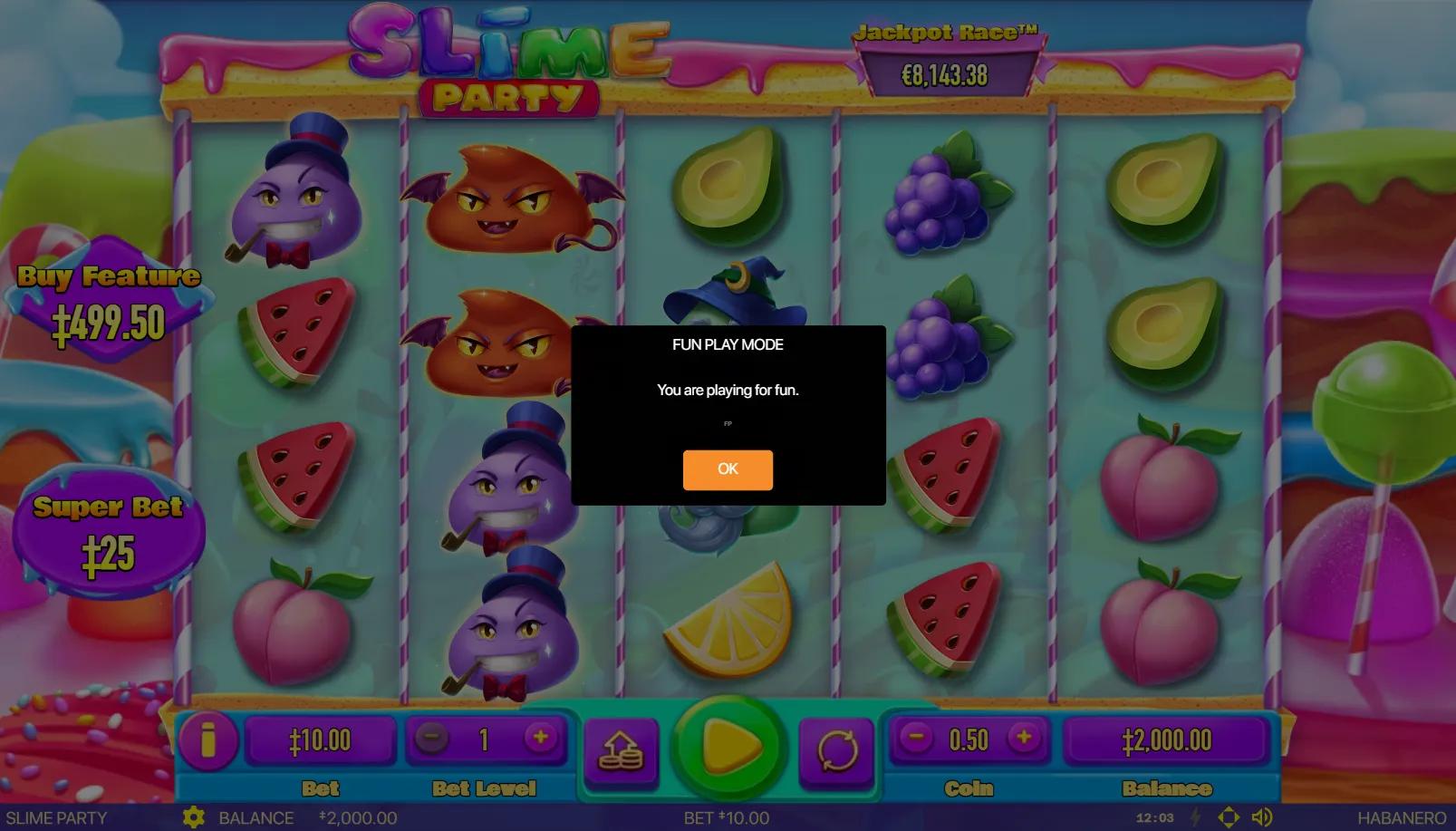 Slime Party slot gameplay showing 5x4 cluster grid with cartoon slime monsters, fruit symbols and Jackpot Race counter