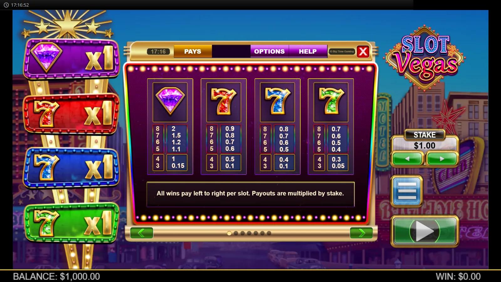 Slot Vegas Megaquads slot PAYS screen showing diamond and Lucky Seven payouts with the four multiplier panels on a neon Vegas street