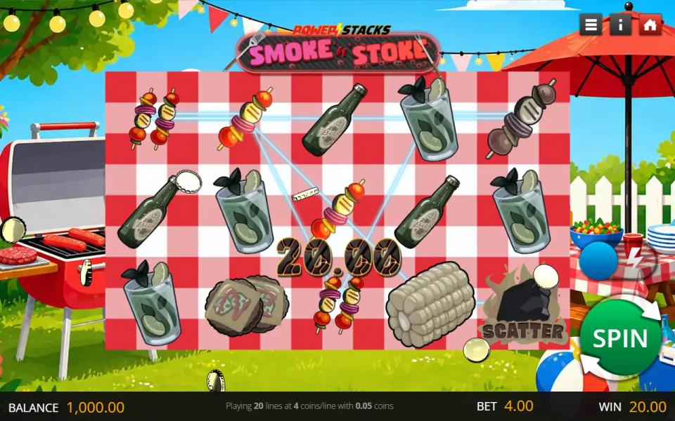 Smoke 'n' Stoke 5x3 reels on a red gingham picnic cloth with a barbecue grill to the left and a picnic table to the right, a winning payline drawn across ribs, corn and drinks symbols