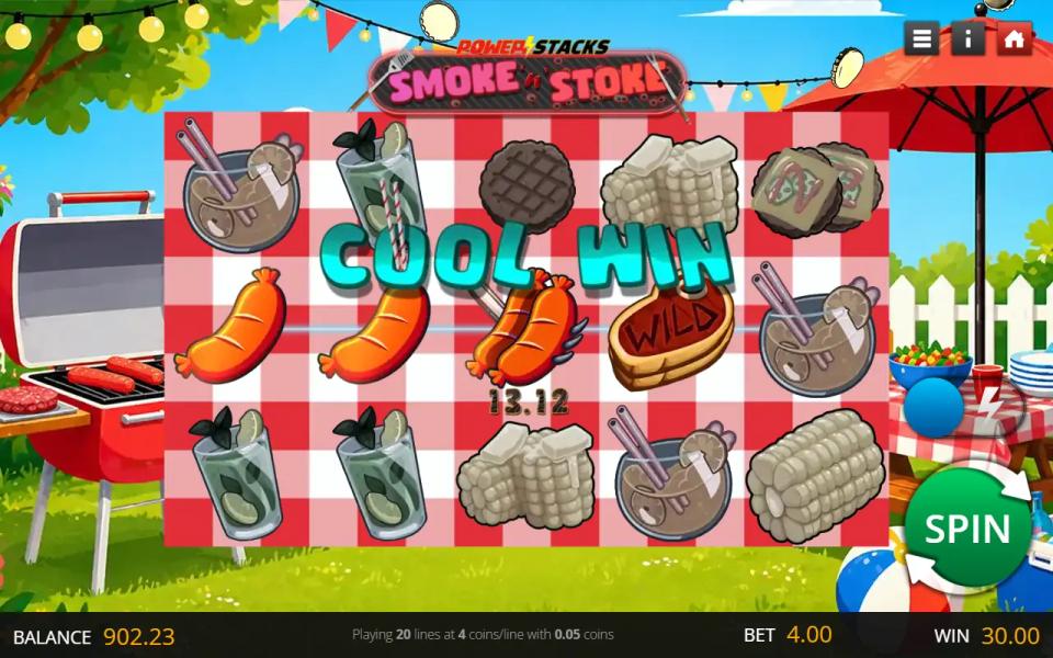 Smoke 'n' Stoke board with the steak wild inside a winning combination and a Cool Win banner