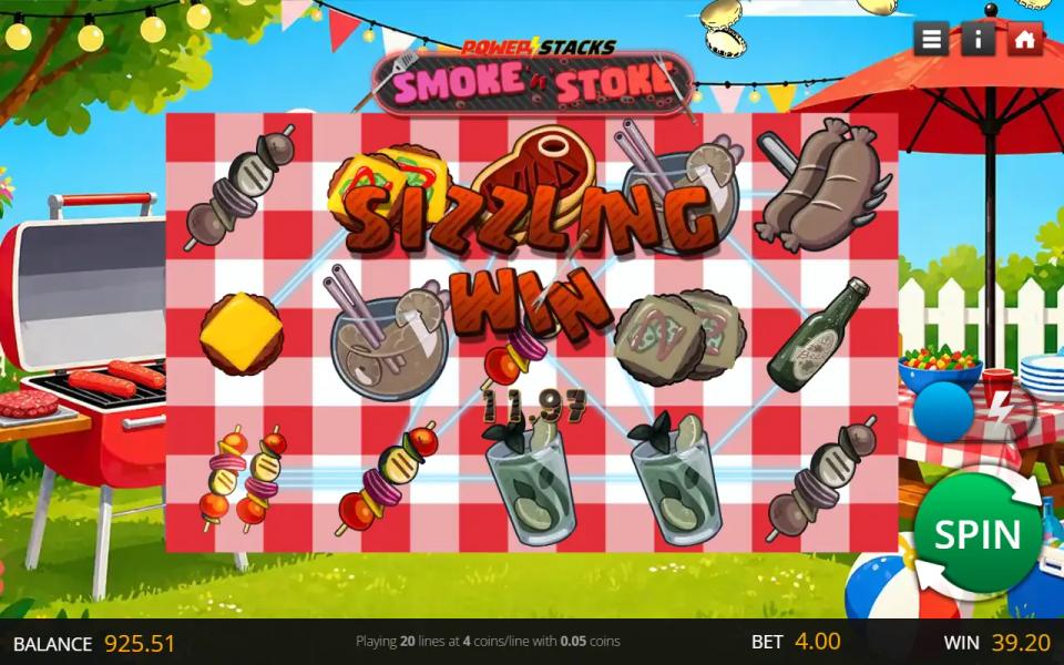 Smoke 'n' Stoke Sizzling Win banner over the 5x3 barbecue board with the winning line drawn and other symbols greyed out