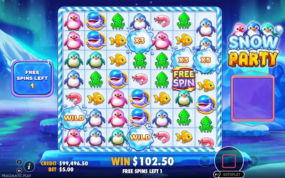 Five sticky wilds on the grid with one free spin remaining in a bought Snow Party round