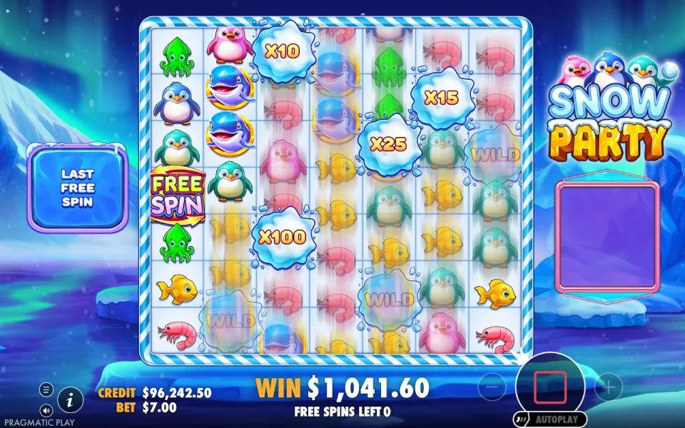 The final free spin of Snow Party's super round with sticky wilds at ten, fifteen, twenty-five and a hundred times