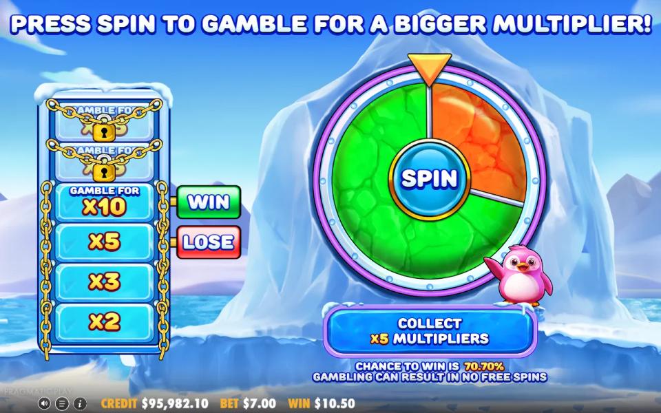 Snow Party's gamble wheel offering a bigger minimum wild multiplier at a stated 70.70 percent chance