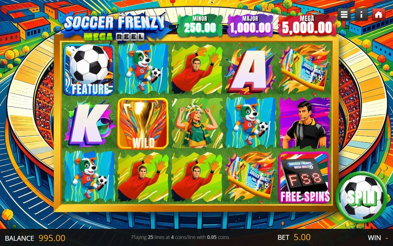 Soccer Frenzy slot gameplay showing the 5x3 stadium grid with trophy Wild, player symbols and the FS Free Spins scatter