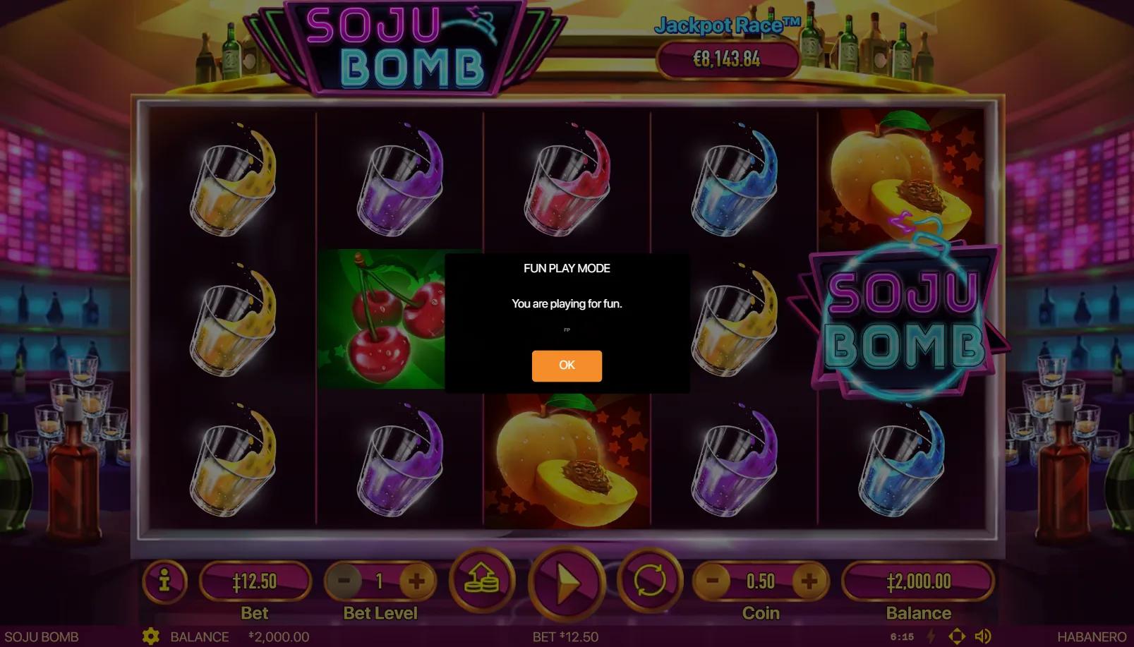 Soju Bomb slot gameplay showing 5x3 grid with neon SOJU BOMB sign, color shot glasses, cherries and peach on bar backdrop