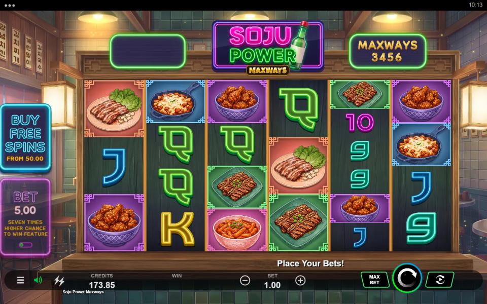 Soju Power MaxWays six-reel board filled with Korean food symbols at 3,456 ways and no winning combination