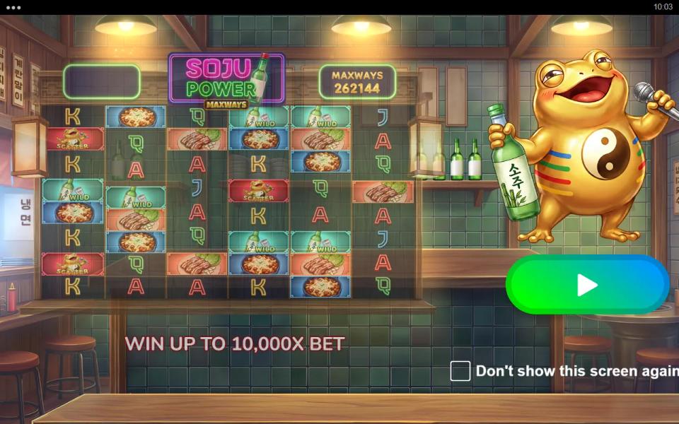 Soju Power MaxWays intro screen with the singing gold frog, a 262,144 ways counter and a win up to 10,000x bet claim