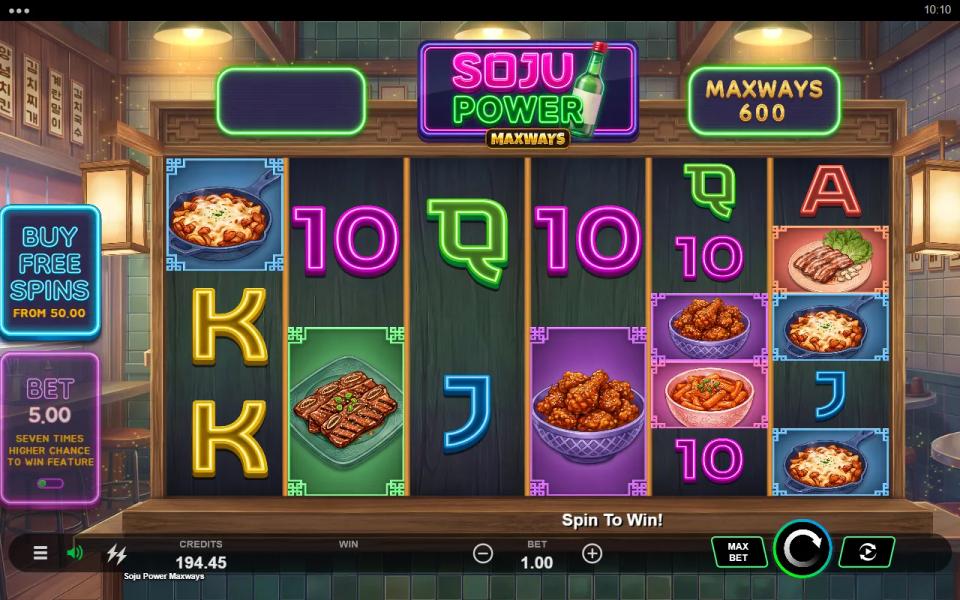 Soju Power MaxWays board with reels of different heights, the live ways counter reading 600 and no win