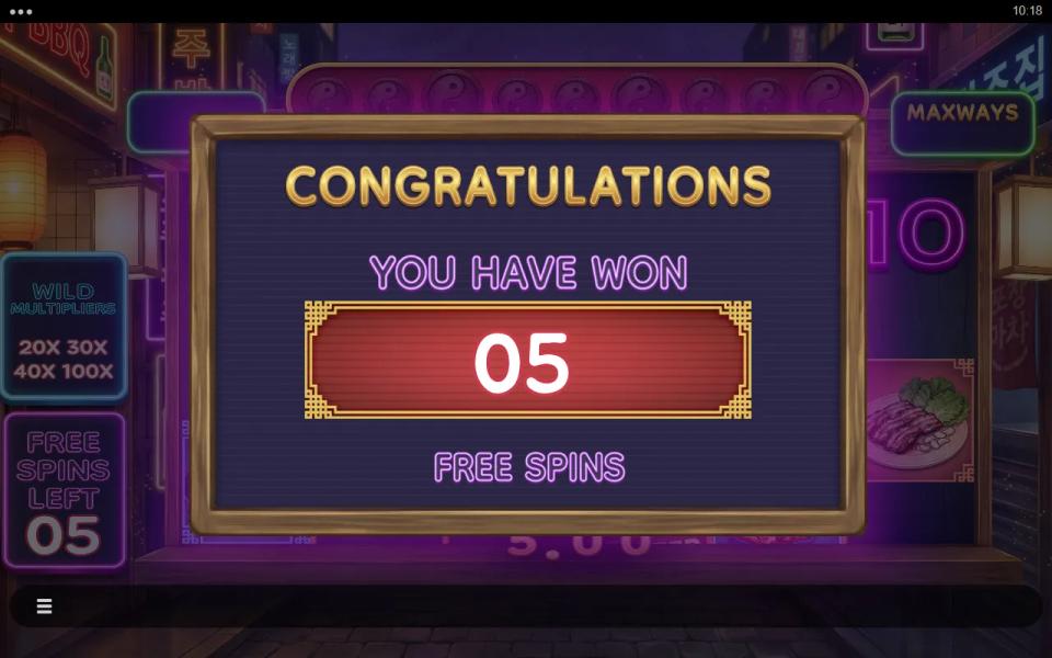 Soju Power MaxWays free spins award screen granting 5 spins with wild multipliers of 20x, 30x, 40x and 100x