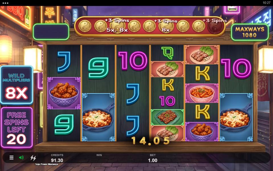 Soju Power MaxWays free spins at level 4 where the wild multiplier set has been trimmed to a single 8x