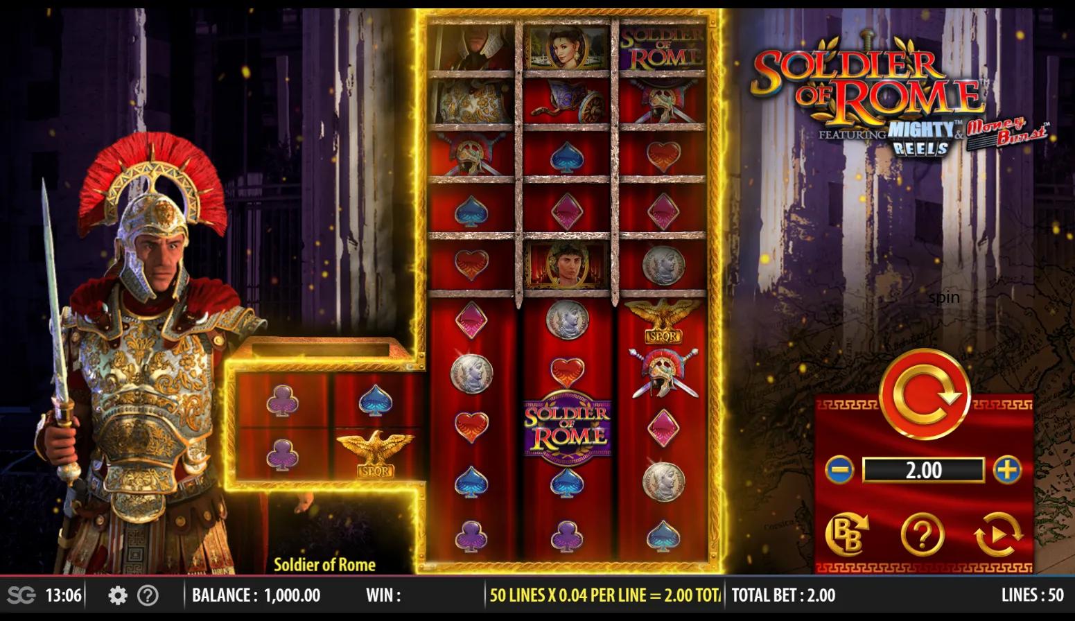 Soldier of Rome slot gameplay showing the 7-reel Money Burst grid with Mighty Reels and a Roman soldier guard