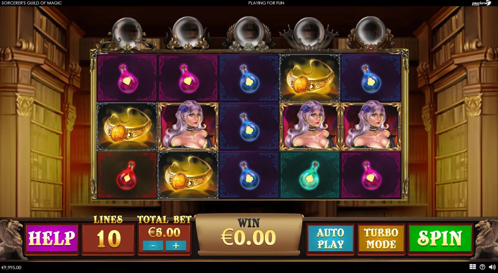 Sorcerer's Guild of Magic slot: 5x3 grid with glowing elemental potions, gold rings and a violet-haired sorceress