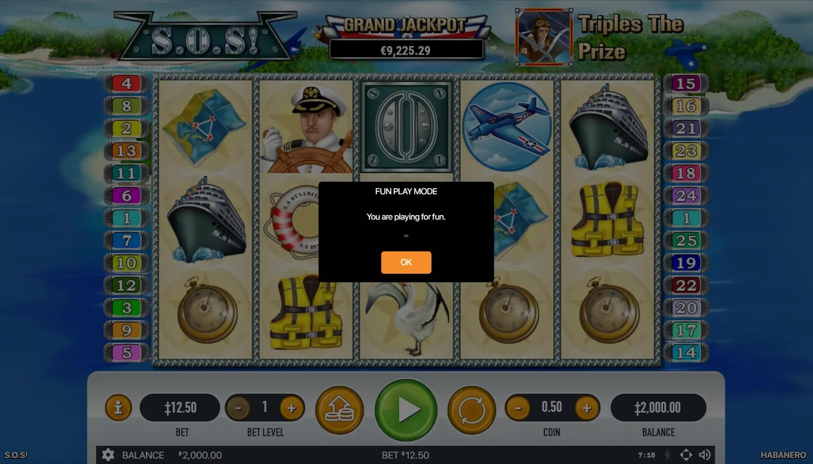 S.O.S! slot gameplay showing 5x3 grid with captain, plane, ocean liner, life preserver and compass on calm sea backdrop