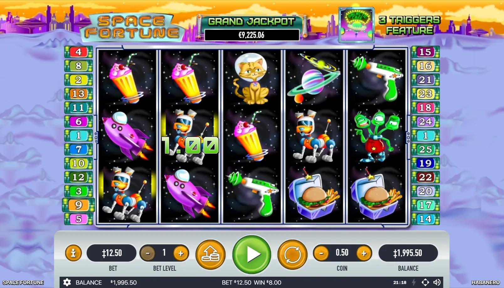 Space Fortune slot gameplay showing 5x3 grid with space hero wild, spaceport scatter, planets, asteroids, and alien symbols on deep-space cosmic backdrop