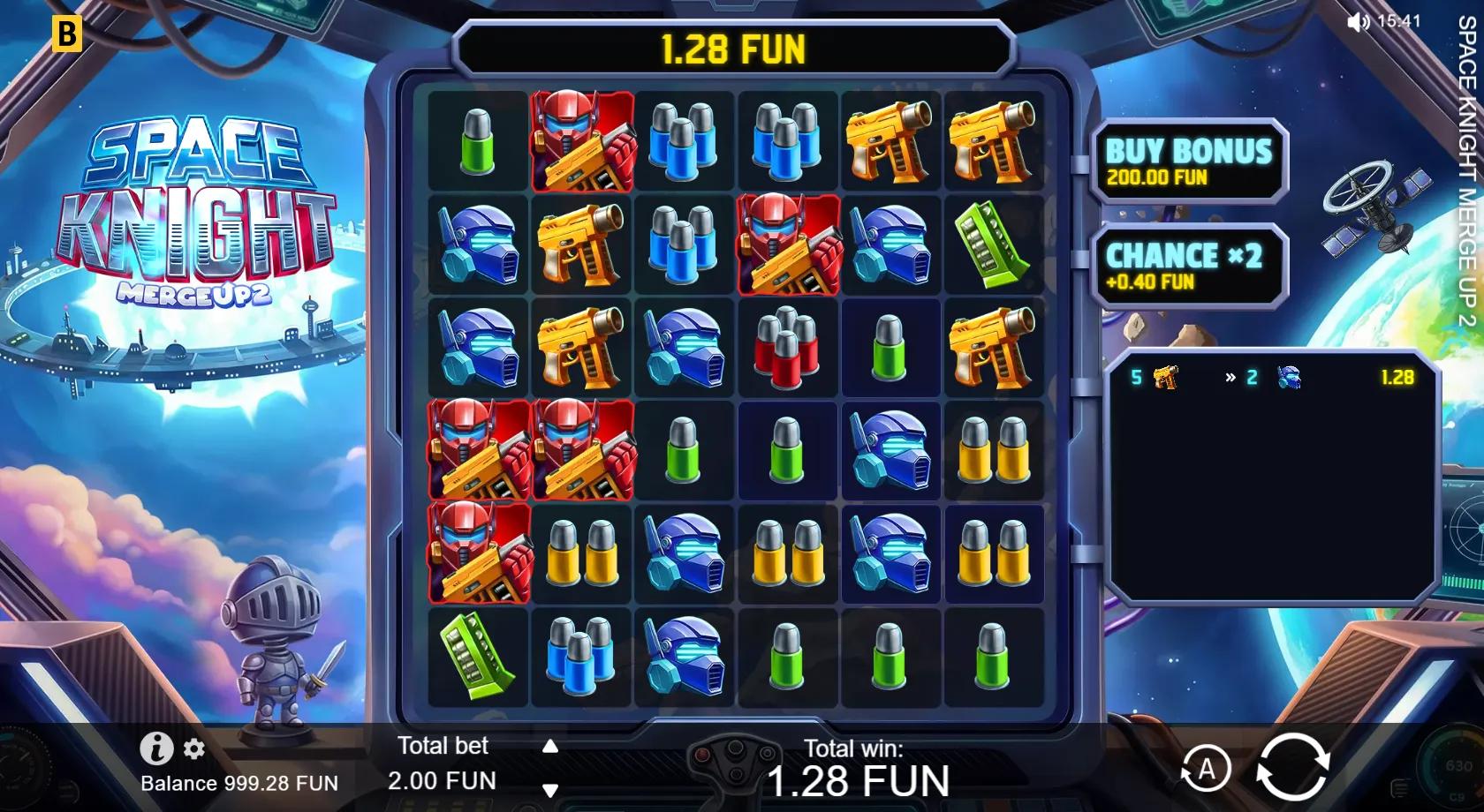 Space Knight Merge Up 2 gameplay showing the 6x6 cluster-merge grid with a gun cluster merging into starfighter symbols