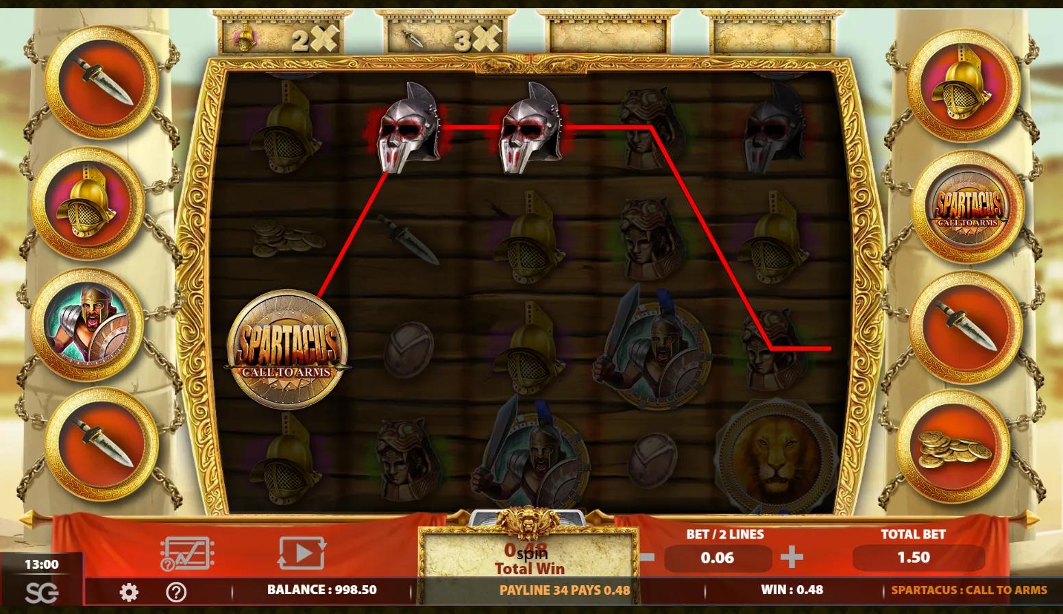Spartacus Call to Arms slot gameplay showing the 5x4 gladiator grid with 8 Special Reels and a 5x multiplier win